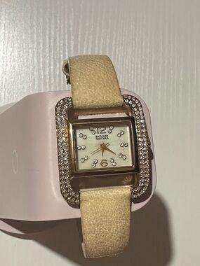 Badgley Mischka Cream Leather Strap Crystal Bezel Watch